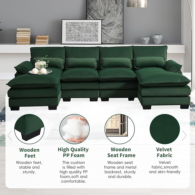 Symmetrical Modular Sectional Sofa with Chaise Lounge, 6 Seater Velvet Upholstered Cloud Couch, U Shaped Oversized Sleeper Sofa&Couches with Thicked Cushion & Detackable Backrest Living Room - LeafyLoom
