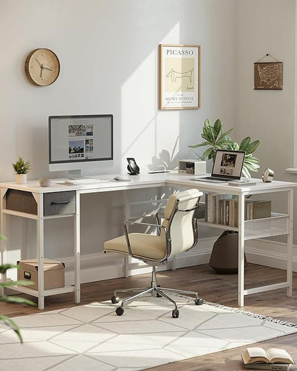 BANTI L Shaped Desk with Power Outlets, Computer Desk with Drawer, Reversible Corner Desk with Grid Storage Bookshelf, Home Office Desk, White - LeafyLoom