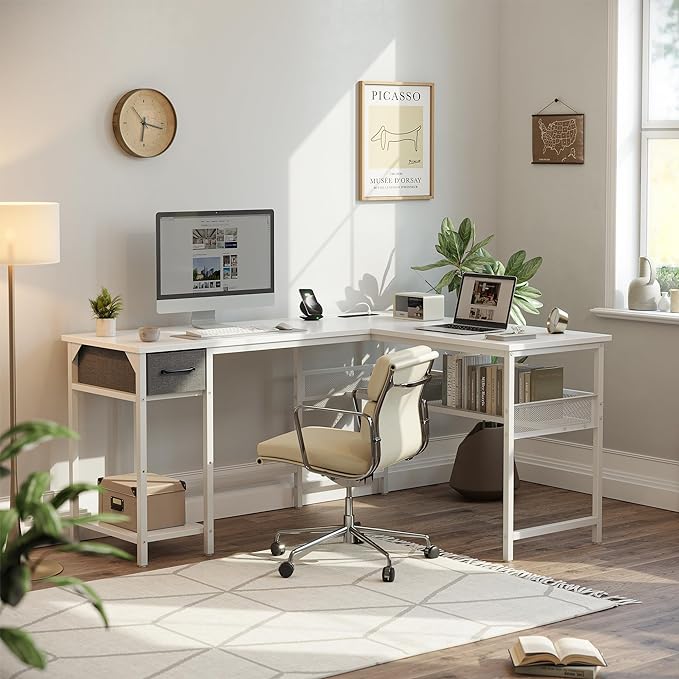 BANTI L Shaped Desk with Power Outlets, Computer Desk with Drawer, Reversible Corner Desk with Grid Storage Bookshelf, Home Office Desk, White - LeafyLoom
