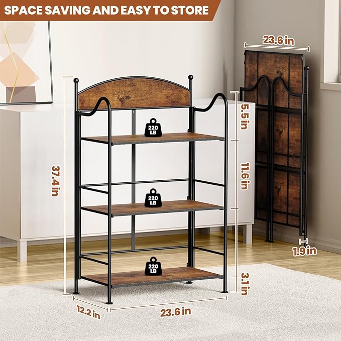 Folding Bookshelf No Assembly, 3 Shelf Black Folding Bookcase,Industrial Small Metal Corner Display Book Shelf with Storage Shelves for Bedroom,Living Room, Home Office Organization - LeafyLoom