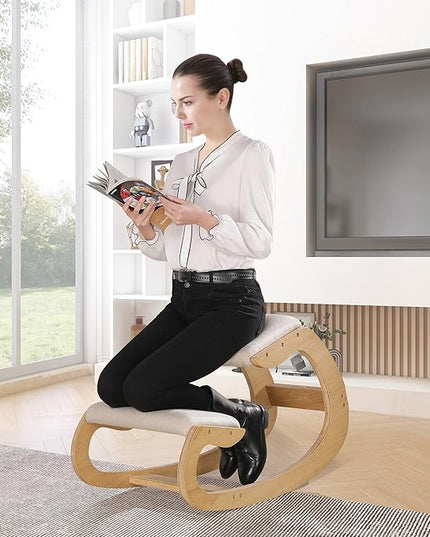 Predawn Ergonomic Kneeling Chair,Rocking Knee Chair Upright Posture Chair for Home Office Meditation Wooden & Linen Cushion-Office Chair for Back Neck Pain Relief & Improving Posture (White Oak) - LeafyLoom
