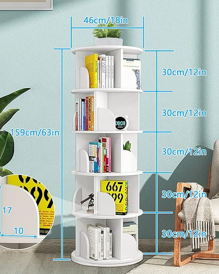 Rotating Bookshelf Tower, 360 Display 5 Tier Floor Standing Bookcase Storage Rack for Kids&Adults, Corner Bookshelf for Small Space, Book Shelf Rotating Bookcase for Bedroom, Living Room, Study - LeafyLoom