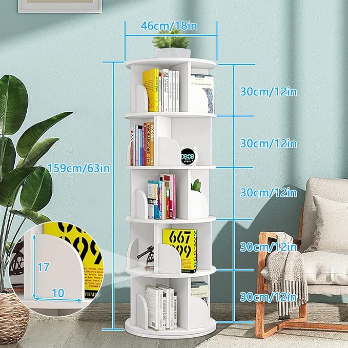 Rotating Bookshelf Tower, 360 Display 5 Tier Floor Standing Bookcase Storage Rack for Kids&Adults, Corner Bookshelf for Small Space, Book Shelf Rotating Bookcase for Bedroom, Living Room, Study - LeafyLoom