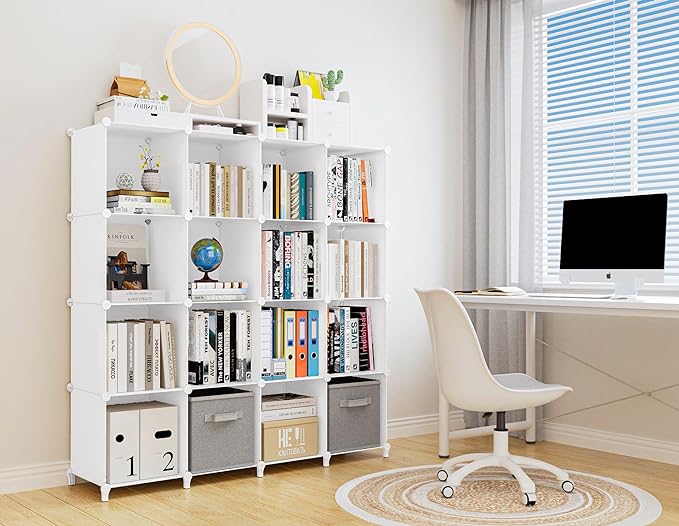 HOMIDEC Book Shelf 16 Cubes Bookcase Bookshelf Cube Storage Organizer Portable Display Bookshelf Kids Bookshelf Book Case for Study Room,Bedroom,Office,Living Room,Closet (47.2x11.8x47.2 inch) - LeafyLoom