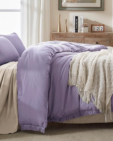 Andency Grayish Lavender Purple Comforter Set Queen, Boho Tassel Lightweight Bedding Comforter Sets, 3 Pieces All Season Soft Fluffy Fringe Bed Set (90x90In Comforter & 2 Pillowcases) - LeafyLoom