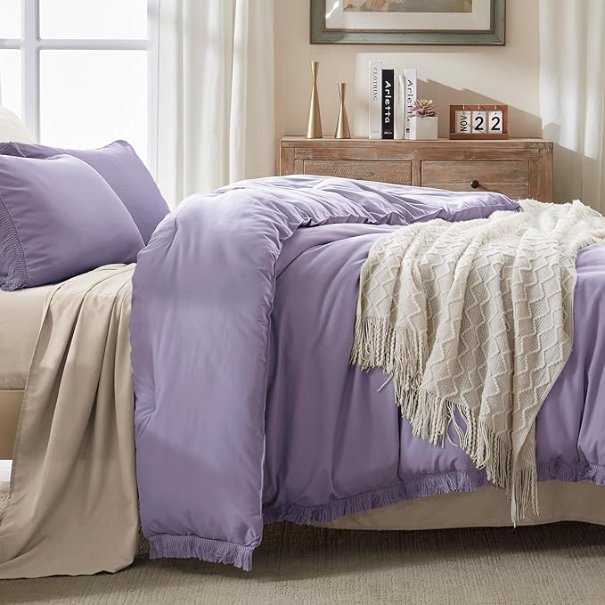Andency Grayish Lavender Purple Comforter Set Queen, Boho Tassel Lightweight Bedding Comforter Sets, 3 Pieces All Season Soft Fluffy Fringe Bed Set (90x90In Comforter & 2 Pillowcases) - LeafyLoom