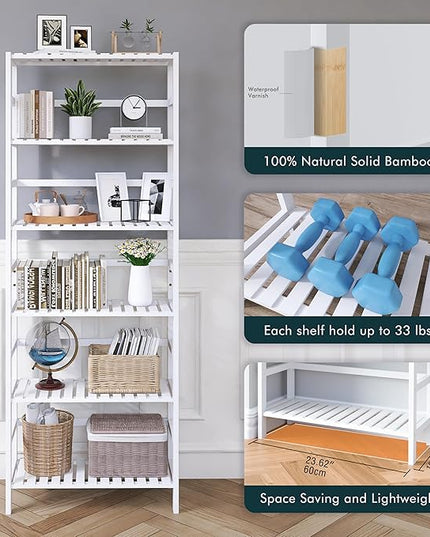 Bookshelf, 6-Tier Tall Bookcase Freestanding Bamboo Book Shelf Bathroom Storage Organizer with Adjustable Shelves, White - LeafyLoom