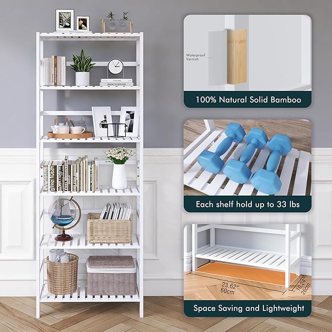 Bookshelf, 6-Tier Tall Bookcase Freestanding Bamboo Book Shelf Bathroom Storage Organizer with Adjustable Shelves, White - LeafyLoom