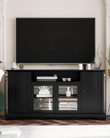60 Inch TV Stand, Television Stands with 2 Tempered Glass Doors, Adjustable Panels and Open Style Cabinet, Entertainment Center for Living Room and Bedroom, Black - LeafyLoom