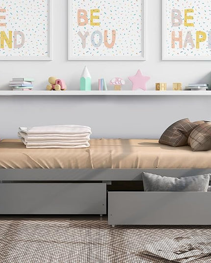 Twin Bed with 2 Storage Drawers, Solid Pinewood Twin Size Bed Frame,for Boys/Girls/Teens Bedroom, Easy to Assemble, No Box Spring Needed,Grey - LeafyLoom