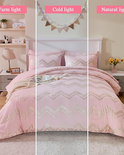 Wowelife 7 Pieces Pink Comforter Set King Size Gold Glitter Kids Bedroom Bedding Set Metallic Bed in a Bag for Girls with Comforter, Flat Sheet, Fitted Sheet 2 Pillow Shams and 2 Pillowcase - LeafyLoom