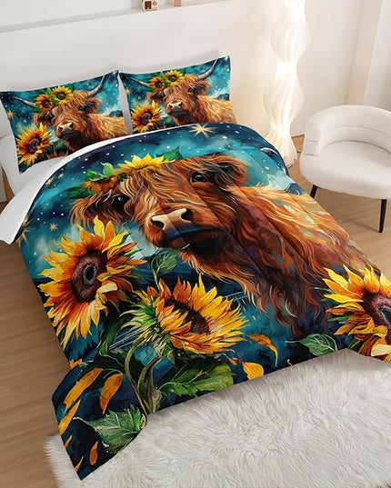 HOSIMA Highland Cow Comforter Set,Western Farmhouse Animals Cow and Sunflower Print Bedding Set 3Pcs with 2 Pillowcases,Galaxy Star Moon Comforter,Floral Comforter Twin Bed in a Bag. - LeafyLoom