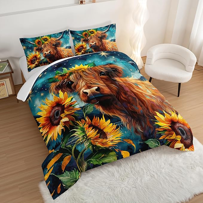 HOSIMA Highland Cow Comforter Set,Western Farmhouse Animals Cow and Sunflower Print Bedding Set 3Pcs with 2 Pillowcases,Galaxy Star Moon Queen Comforter Set,Floral Wild Animal Room Decor. - LeafyLoom