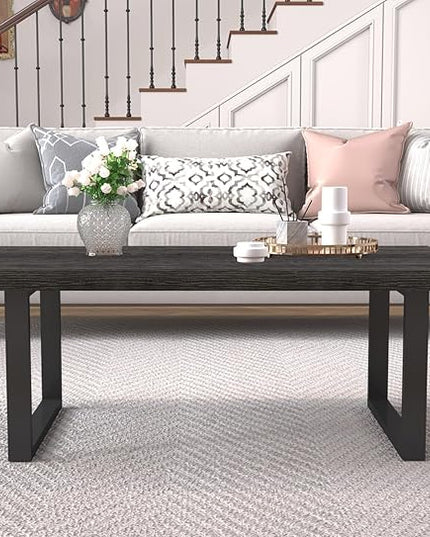 IBF Rustic Coffee Table, Wood and Metal Simple Industrial Modern Center Table, Minimalist Rectangle Wooden Farmhouse Cocktail Table for Living Room, Dark Gray Oak, 47 Inch - LeafyLoom