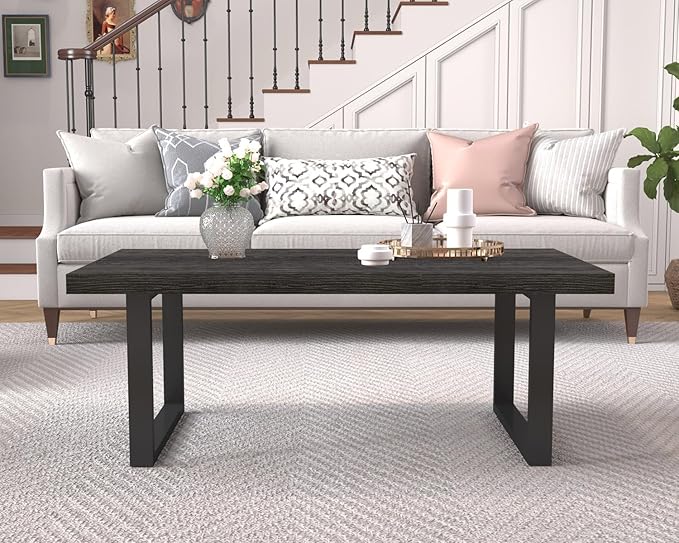 IBF Rustic Coffee Table, Wood and Metal Simple Industrial Modern Center Table, Minimalist Rectangle Wooden Farmhouse Cocktail Table for Living Room, Dark Gray Oak, 47 Inch - LeafyLoom