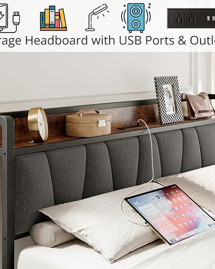 LIKIMIO Full Bed Frame, Storage Headboard with Charging Station, Solid and Stable, Noise Free, No Box Spring Needed, Easy Assembly - LeafyLoom