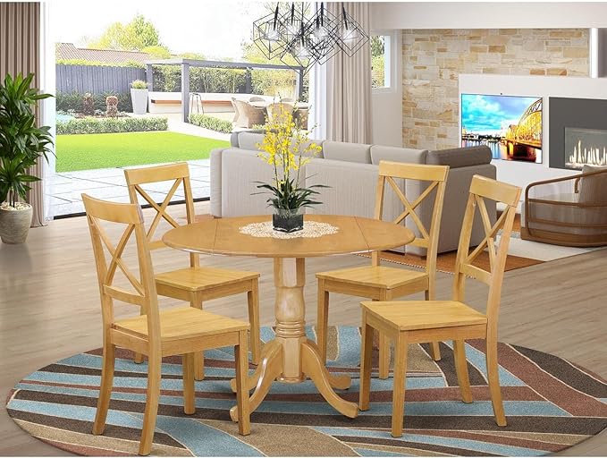 East West Furniture DLBO5-OAK-W 5 Piece Dining Set Includes a Round Dining Room Table with Dropleaf and 4 Kitchen Chairs, 42x42 Inch, Oak - LeafyLoom