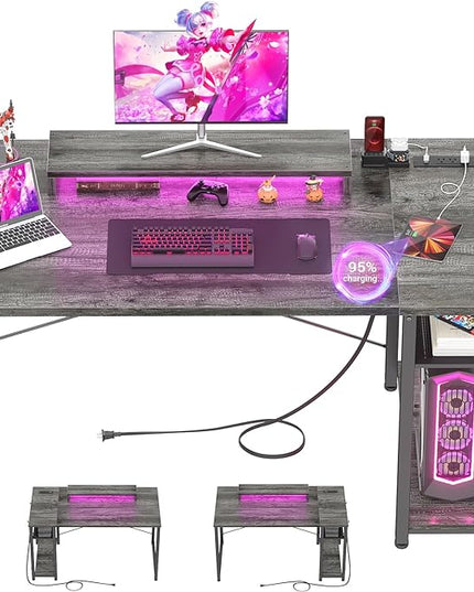 armocity Computer Desk with LED Lights, Gaming Desk with Power Outlet and USB, 40 Reversible Laptop Table with Moveable Monitor Stand, Small Desk for Small Spaces, Office, Gaming Room, Grey - LeafyLoom