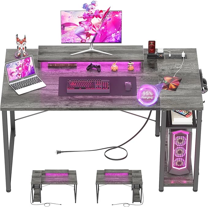 armocity Computer Desk with LED Lights, Gaming Desk with Power Outlet and USB, 40 Reversible Laptop Table with Moveable Monitor Stand, Small Desk for Small Spaces, Office, Gaming Room, Grey - LeafyLoom