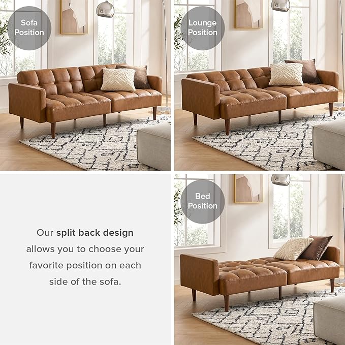 mopio Aaron Couch, Small Sofa, Futon, Sofa Bed, Sleeper Sofa, Loveseat, Mid Century Modern Futon Couch, Sofa Cama, Couches for Living Room, Bedroom (Pecan Brown, Faux Leather) - LeafyLoom