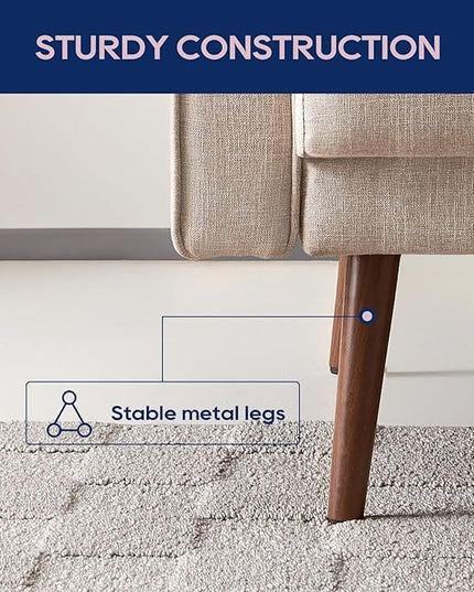 Vonanda Fabric Sofa Couch, Mid-Century 73 Inch 3 Seater Linen Couch with Hand-Stitched Comfort Cushion and Bolster Pillows for Living Room,Elegant Beige - LeafyLoom