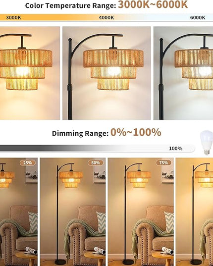 Arc Floor Lamp for Living Room with 3 Color Temperatures, Farmhouse Floor Lamps with Remote & Dimmable Bulb, Boho Standing Lamp with Rattan & 3-Tier Shades, Adjustable Tall Lamp for Bedroom,Corner - LeafyLoom