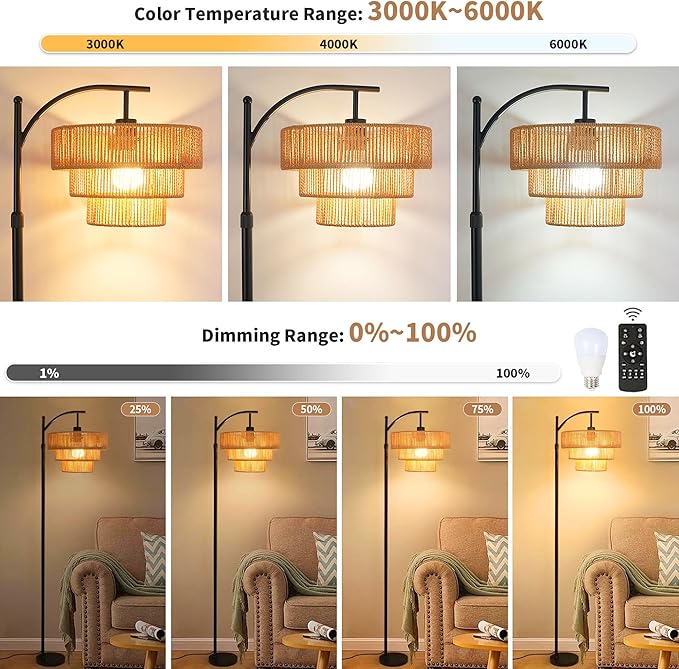 Arc Floor Lamp for Living Room with 3 Color Temperatures, Farmhouse Floor Lamps with Remote & Dimmable Bulb, Boho Standing Lamp with Rattan & 3-Tier Shades, Adjustable Tall Lamp for Bedroom,Corner - LeafyLoom