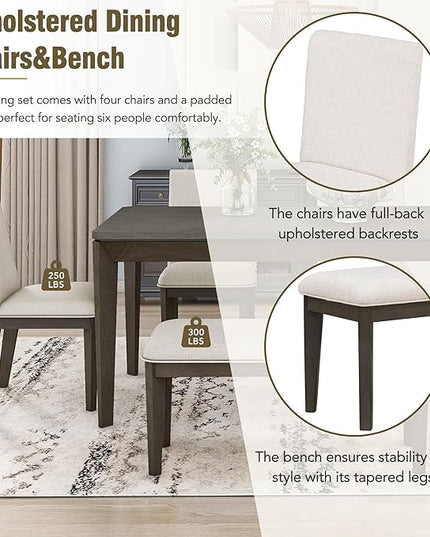 Dining Table Set for 6, Dining Table Set with Upholstered Dining Chairs and Bench, Farmhouse Wooden Rectangular Dining Table with Tapered Legs for Dining Room, Living Room, Dark Grey+Beige - LeafyLoom