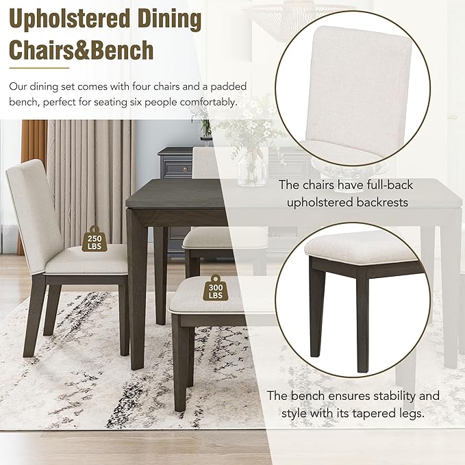Dining Table Set for 6, Dining Table Set with Upholstered Dining Chairs and Bench, Farmhouse Wooden Rectangular Dining Table with Tapered Legs for Dining Room, Living Room, Dark Grey+Beige - LeafyLoom