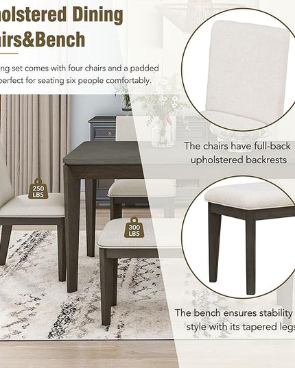 6-Piece Wood Rectangular Dining Table Set with 4 Full Back Padded Chairs & Bench, Tapered Legs, for Kitchen Living Room, Farmhouse Style, Dark Gray, 60" L x 36" W x 30.3" H - LeafyLoom