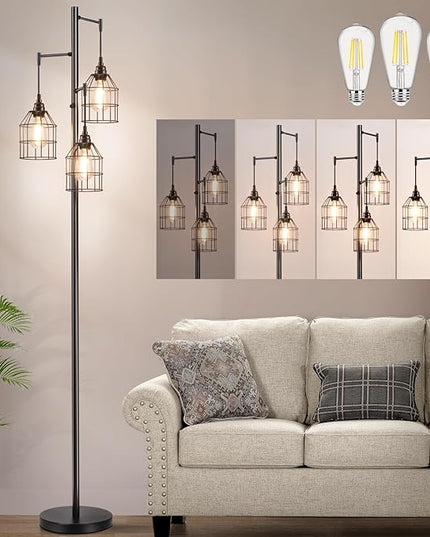 70" Dimmable Floor Lamp for Living Room, Industrial 3-light Tree Floor Lamp Black with Cages, Farmhouse Rustic Tall Standing Lamp Floor Lighting for Bedroom Office, 3 Free LED Edison Bulbs - LeafyLoom