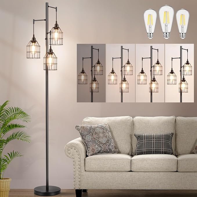 70" Dimmable Floor Lamp for Living Room, Industrial 3-light Tree Floor Lamp Black with Cages, Farmhouse Rustic Tall Standing Lamp Floor Lighting for Bedroom Office, 3 Free LED Edison Bulbs - LeafyLoom