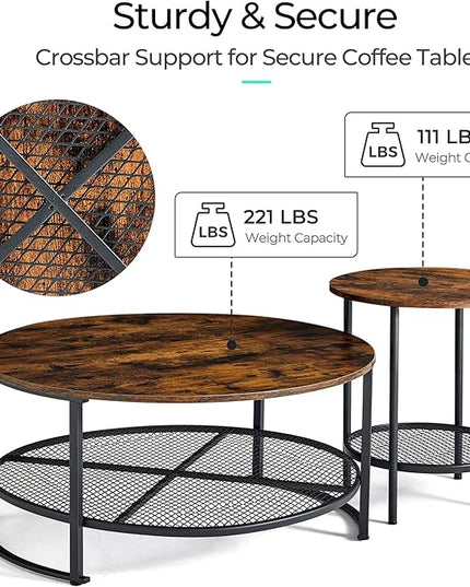 LINSY Home Round Coffee Table Set of 3 for Living Room, Industrial Coffee Table with Open Storage, Rustic Wood Surface Top & Sturdy Metal Legs Large Circle Coffee Table, Brown and Black - LeafyLoom