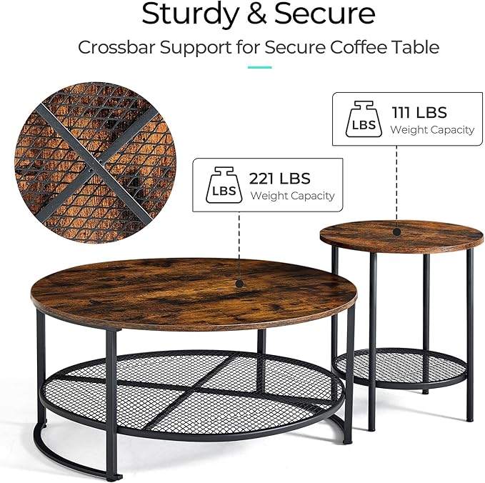 LINSY Home Round Coffee Table Set of 3 for Living Room, Industrial Coffee Table with Open Storage, Rustic Wood Surface Top & Sturdy Metal Legs Large Circle Coffee Table, Brown and Black - LeafyLoom