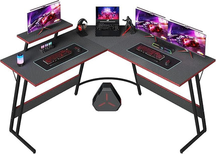 L Shaped Gaming Desk, 66 Inch Computer Corner Table with Large Monitor Stand & Carbon Fiber Surface for Home Office Study Writing Workstation, Black - LeafyLoom