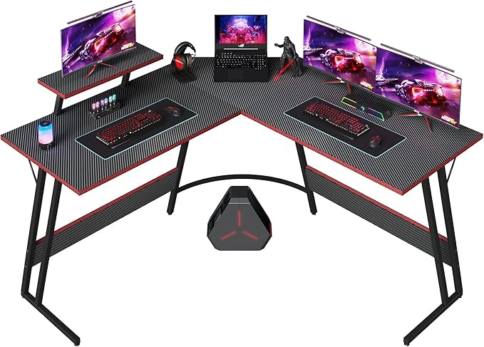 L Shaped Gaming Desk, 66 Inch Computer Corner Table with Large Monitor Stand & Carbon Fiber Surface for Home Office Study Writing Workstation, Black - LeafyLoom