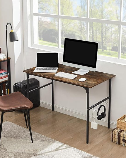 VECELO 44" Computer Writing Desk for Home Office, Study Table Workstation for Small Spaces with 6 Hooks & Adjustable Legs, Metal Frame,Brown, 44Inches - LeafyLoom