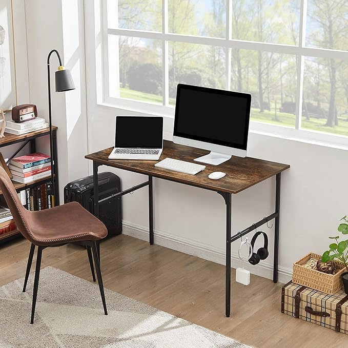 VECELO 44" Computer Writing Desk for Home Office, Study Table Workstation for Small Spaces with 6 Hooks & Adjustable Legs, Metal Frame,Brown, 44Inches - LeafyLoom