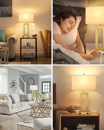 22’’ Table Lamps for Bedrooms Set of 2, Gold Bedside USB Desk Lamp with AC Outlet, Touch Control Modern Vintage Living Room Table Lamp for Nightstand End Table, 3-Way Dimming with 2 E26 Edison Bulbs - LeafyLoom