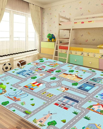 Kids Car Rug, 6x9 City Life Traffic Road Playmat for Toy Cars Trains, Non-Slip Race Track Carpet Educational Fun Area Rugs for Boy and Girl Bedroom Nursery - LeafyLoom