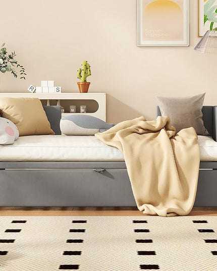 Bellemave Twin Size Upholstered Daybed with Pop up Trundle,Velvet Twin Daybed Frame,Twin to King Daybed,Day bed with Trundle Bed Twin,Tufted Sofa Bed Daybed,Bedroom,Living Room,Guest Room(Gray) - LeafyLoom