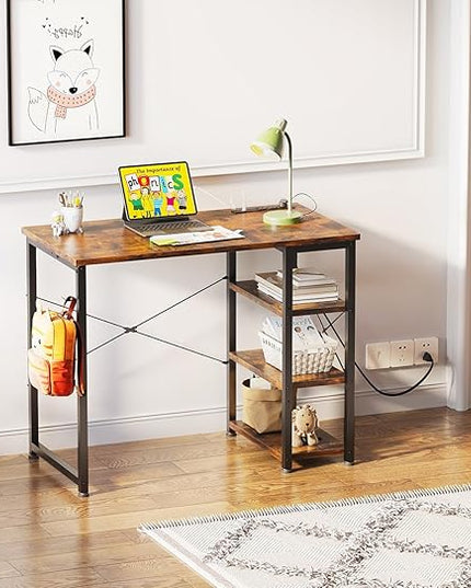 AODK Laptop Desk Small Desk, 32 Inch Computer Desk with Power Outlet and USB & Type-C Charging Port, Writing Desk with 3-Tier Reversible Storage Shelf for Home Office, 32'' x 16'', Rustic Brown - LeafyLoom