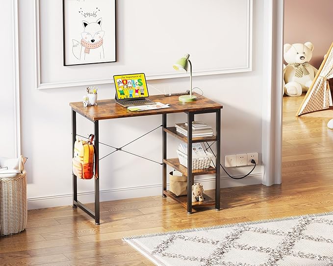 AODK Laptop Desk Small Desk, 32 Inch Computer Desk with Power Outlet and USB & Type-C Charging Port, Writing Desk with 3-Tier Reversible Storage Shelf for Home Office, 32'' x 16'', Rustic Brown - LeafyLoom