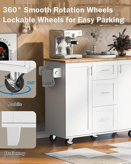 Kitchen Island with Storage, Spice Rack & Tower Rack, Mobile Rolling Kitchen-Cart on Wheels w/Rubber Wood Top, 3 Drawer, 2 Slide-Out Shelf and Internal Storage Rack - LeafyLoom