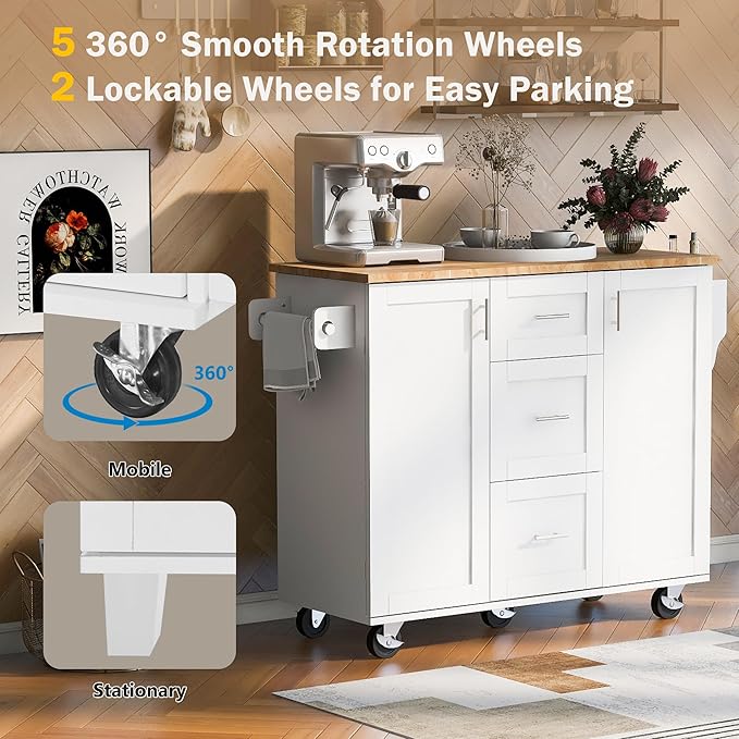Kitchen Island with Storage, Spice Rack & Tower Rack, Mobile Rolling Kitchen-Cart on Wheels w/Rubber Wood Top, 3 Drawer, 2 Slide-Out Shelf and Internal Storage Rack - LeafyLoom