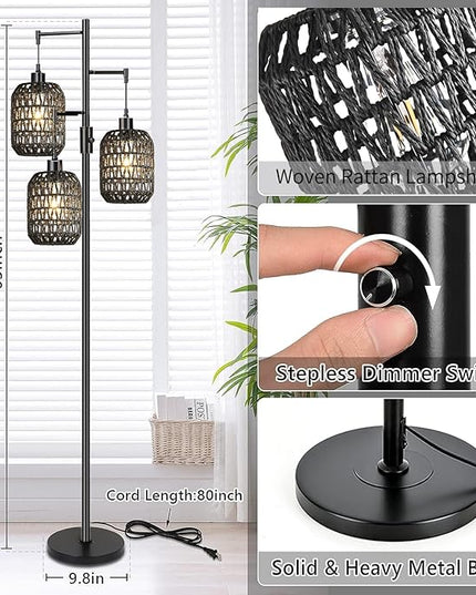 Floor Lamp for Living Room,Bedroom,Boho Rattan Floor Lights,Dimmable Industrial Black Farmhouse Tree 3 Standing Lamp Wicker Rustic Tall Lamp,Woven Bamboo Lamp Shade Floor Lamps Bohemian - LeafyLoom
