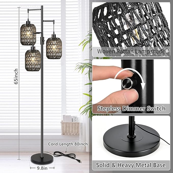 Floor Lamp for Living Room,Bedroom,Boho Rattan Floor Lights,Dimmable Industrial Black Farmhouse Tree 3 Standing Lamp Wicker Rustic Tall Lamp,Woven Bamboo Lamp Shade Floor Lamps Bohemian - LeafyLoom