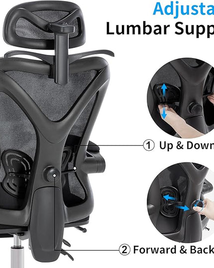 Ergonomic Office Chair with Footrest | Adjustable Lumbar Support, Reclining Desk Chair with Leg Rest, Comfortable Mesh Computer Chair for Home & Office (Black) - LeafyLoom