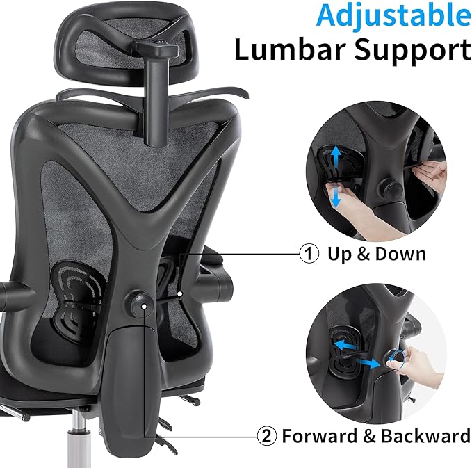 Ergonomic Office Chair with Footrest | Adjustable Lumbar Support, Reclining Desk Chair with Leg Rest, Comfortable Mesh Computer Chair for Home & Office (Black) - LeafyLoom