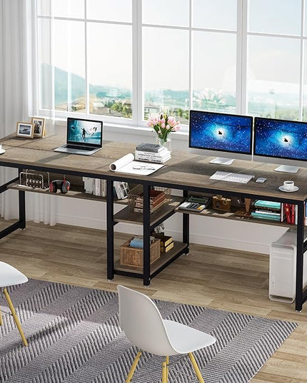 Tribesigns Two Person Desk with Bookshelf, 78.7 Computer Office Double Desk for Two Person, Rustic Writing Desk Workstation with Shelf for Home Office (Grey) - LeafyLoom